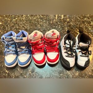 3 pairs of Nike Jordans for Toddlers 2 pairs are size 9. 1 pair are size 9.5